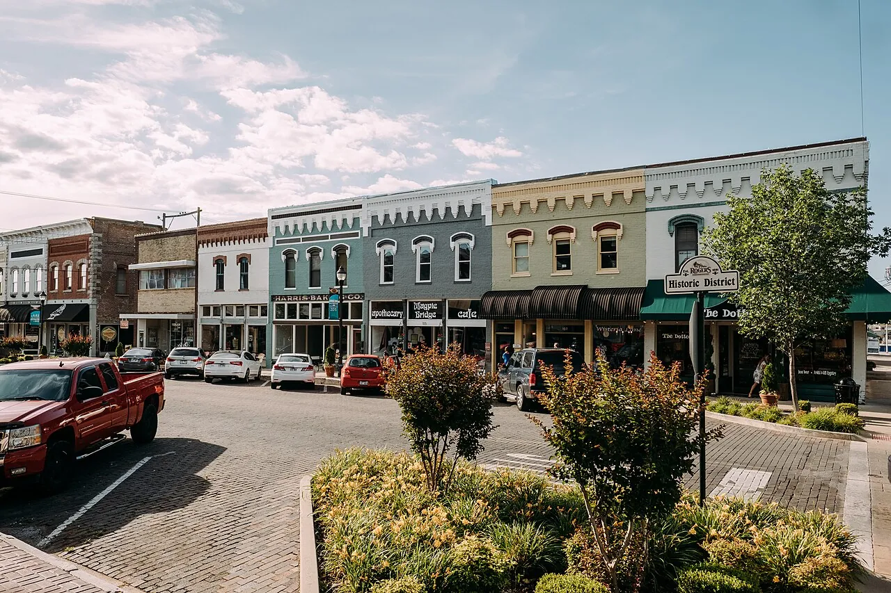 Historic storefronts and landscaped streets in downtown Rogers